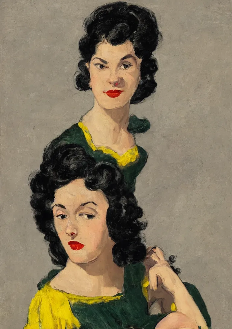 Prompt: a portrait of a young woman from the fifties, seated in front of a landscape background, her black hair is a long curly, she wears a dark green dress pleated in the front with yellow sleeves, puts her right hand on her left hand, mannerism