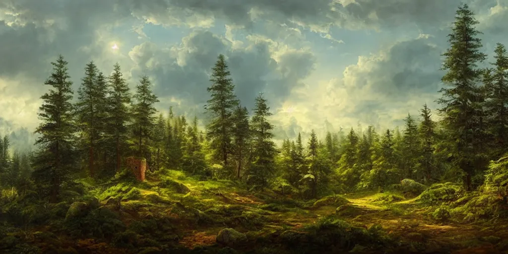 Prompt: landscape of a large fortress in a pine forest, well lit, detailed, cinematic lighting, oil painting