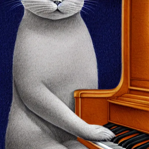 Prompt: anthropomorphic grey british shorthair cat sitting up playing the piano with swirling musical notes in the background detailed colored pencil drawing 4 k