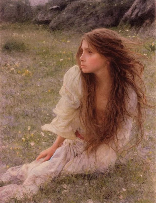 Image similar to peasant barefoot girl with long hair laying edge of rock, cottage core, cinematic focus, polaroid photo bleached vintage pastel colors high - key lighting, soft lights, foggy, by steve hanks, by lisa yuskavage, by serov valentin, by tarkovsky, 8 k render, detailed, oil on canvas