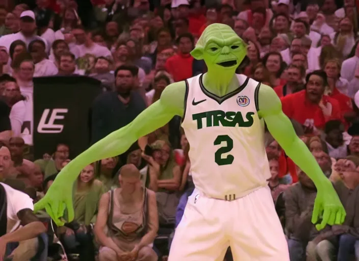 Image similar to ESPN still of Yoda playing in the nba playoffs live on espn, 4k