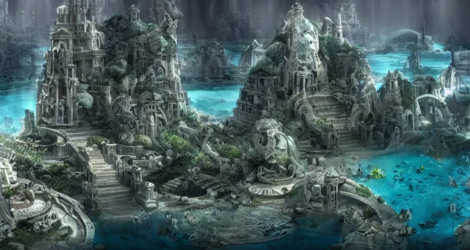 Image similar to the lost city of Atlantis, underwater, epic cinematic view, epic lighting, fully built buildings, white marble, hyper detailed, 4K