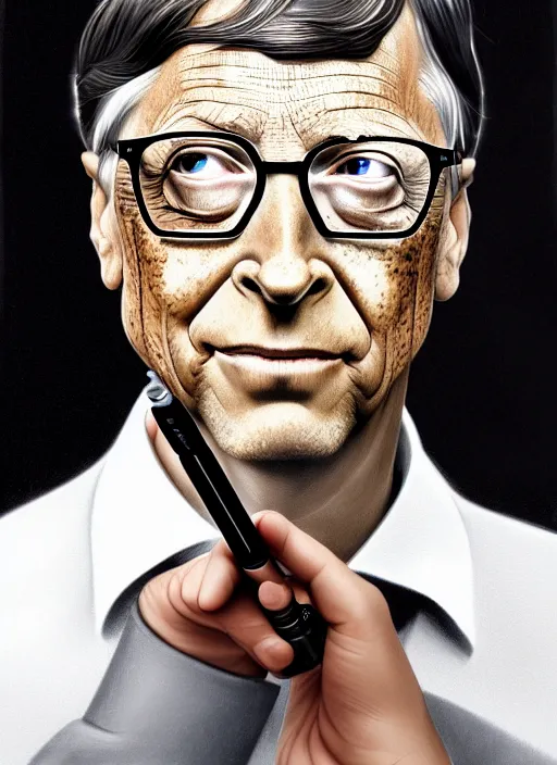 Prompt: bill gates with reptile eyes!!!, vertical pupil!!!, lizard skin, holding a syringe!!, portrait, intricate, elegant, highly detailed, digital painting, artstation, concept art, wallpaper, smooth, sharp focus, illustration, art by h. r. giger and artgerm and greg rutkowski and alphonse mucha