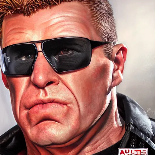 Image similar to ultra realistic portrait painting of duke nukem, stanley artgerm, 4 k, ultra realistic, highly detailed, epic lighting