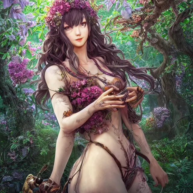 Image similar to the portrait of chaotic good female druid botanist as absurdly beautiful, gorgeous, elegant, young gravure idol, an ultrafine hyperdetailed illustration by kim jung gi, irakli nadar, intricate linework, sharp focus, bright colors, octopath traveler, final fantasy, unreal engine 5 highly rendered, global illumination, radiant light, detailed and intricate environment