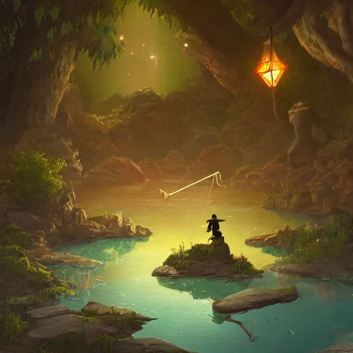 Prompt: A fantasy scene where an oldman frog who is holding himself with a staff. walks across the enchanted lake, The scene is covered with rocks and fireflies, Artstation, Hiroaki Tsutsumi style