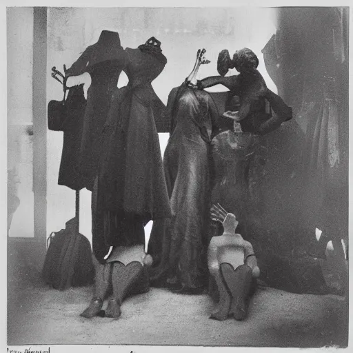 Image similar to a manikin party, photograph, style of atget, nightmare, concept art, creepy