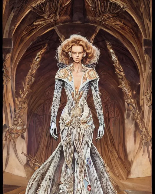 Image similar to fashion model walking down a catwalk, elaborate dress by alexander mcqueen, detailed face, beautiful feminine face, art by michael whelan and chris moore and howard david johnson and tim white and dan giancola
