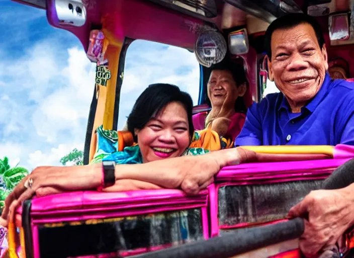 Image similar to rodrigo duterte and thanos riding a jeepney, real life photograph, award winning photograph, 4 k