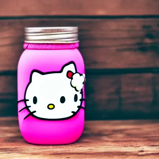 Prompt: hello kitty doll in a mason jar, 4 k, hyper realistic, dslr, high resolution, landscape, beautiful