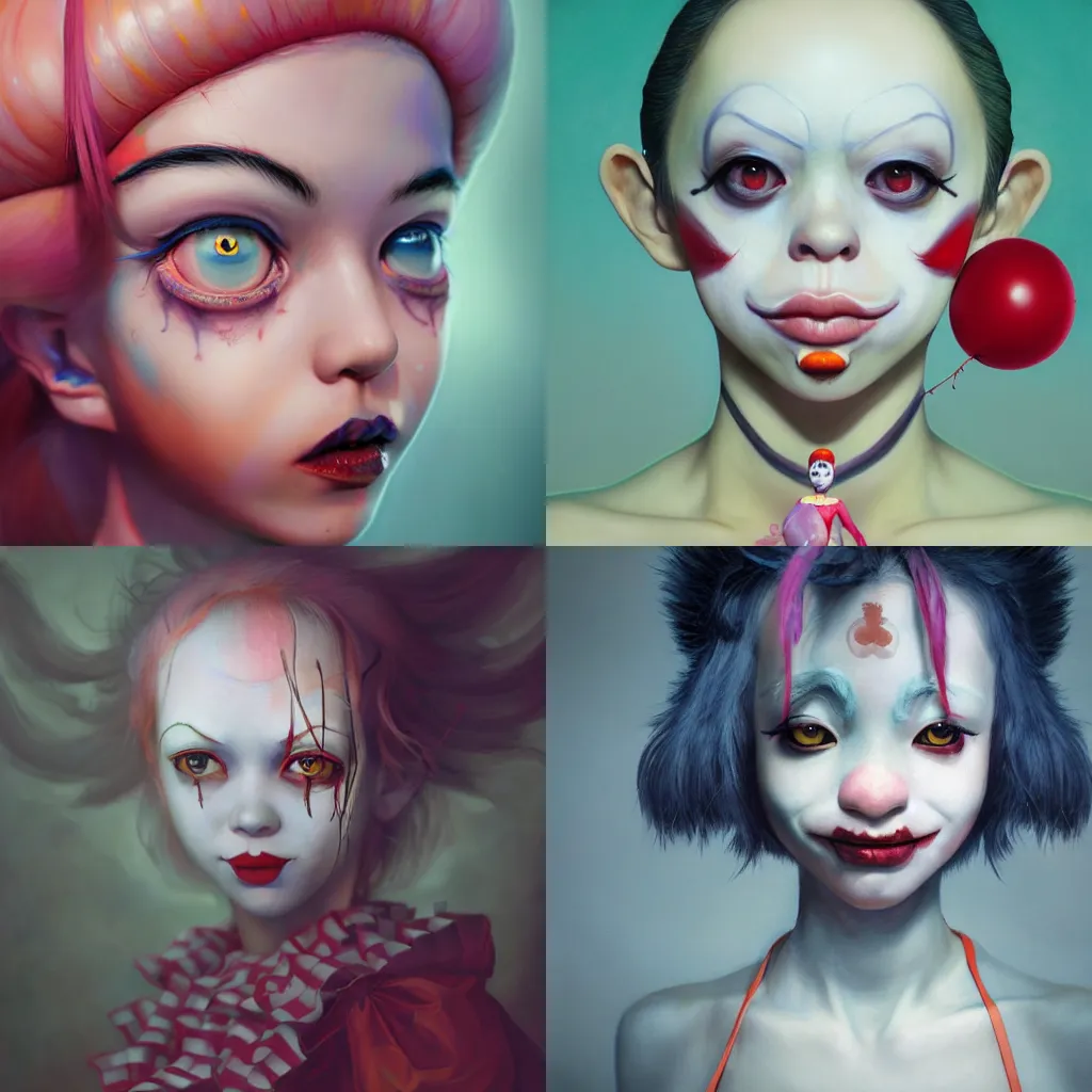 Image similar to breathtaking detailed painting of clown girl , with anxious, piercing eyes, Atari game cover art by Hsiao-Ron Cheng, James jean, Miho Hirano, Hayao Miyazaki, extremely moody lighting, hyperrealistic, octane render, RPG portrait, ambient light, dynamic lighting