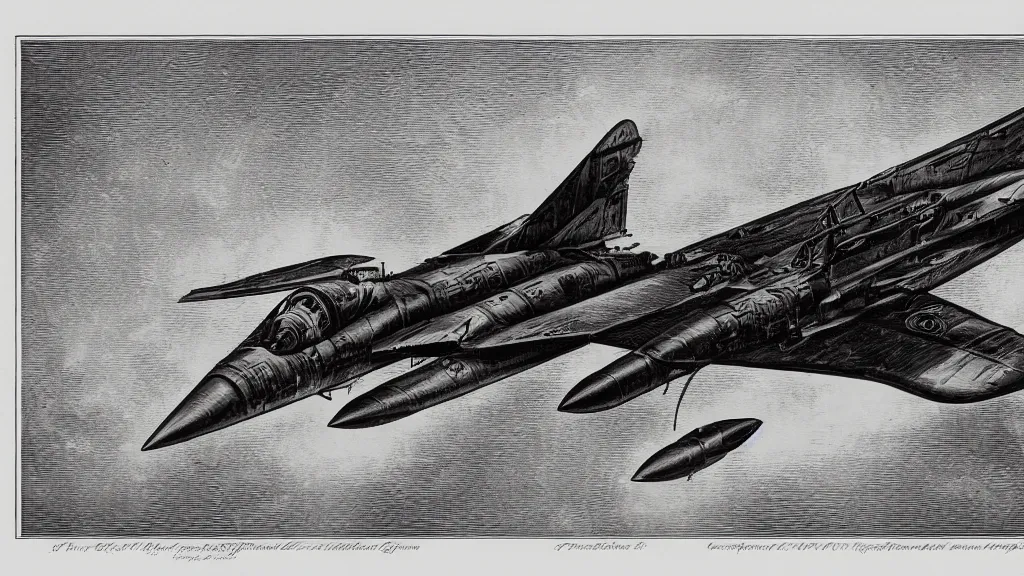 Prompt: engraving of steampunk fighter jet