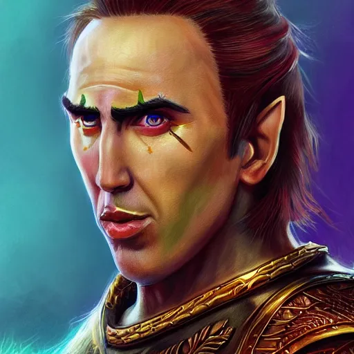 Prompt: elf warrior with the face of nick cage, d & d style, trending on artstation, colorful, intricate, art by kev chan