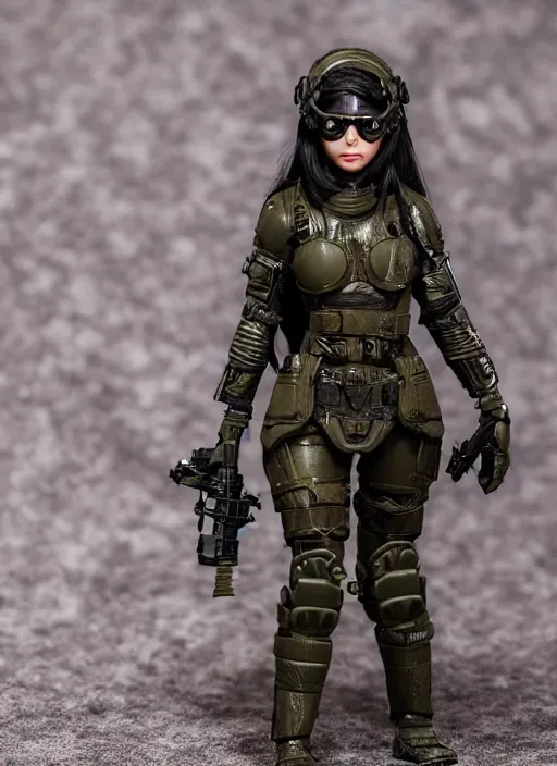 Image similar to 80mm resin detailed miniature of a beautiful young female, clothed in stealth armor, night-vision goggles, olive skin, long dark hair, beautiful bone structure, symmetrical facial features, Product Introduction Photos, 4K, Full body