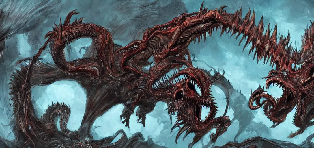 Image similar to concept art of dragon attack, lovecraftian, lots of teeth, melting horror, feathers, fighting the horrors of the unknown with laser guns