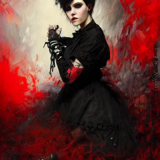 Image similar to Solomon Joseph Solomon and Richard Schmid and Jeremy Lipking victorian genre painting portrait painting of a young beautiful woman punk rock goth with punk rock haircut in fantasy costume, red background