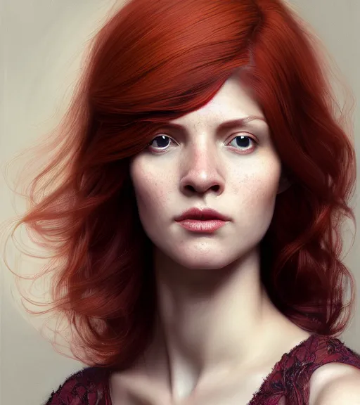 Prompt: portrait of a auburn hair, female, teacher, red wine, in heightened detail, poised, intense emotion, detailed facial expression, 8 k, hyperrealistic, detailed surroundings, intricate, elegant, highly detailed, centered, digital painting, cgsociety, concept art, smooth, sharp focus, illustration, by ( ross tran ), wlop