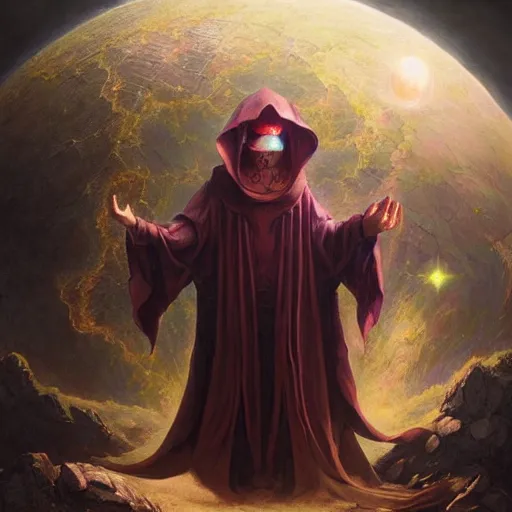 Image similar to creator of worlds wearing a cloak, masked, and holding a holographic planet projection in his hand, detailed, sci - fi, digital painting, artstation, sharp focus, illustration, ominous, artgerm, tomasz alen kopera, peter mohrbacher, donato giancola, joseph christian leyendecker, wlop, frank frazetta