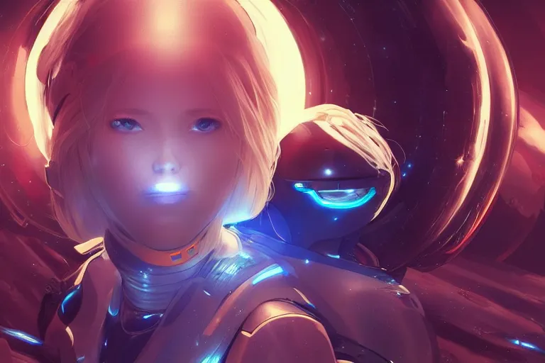 Prompt: blue eyed blonde anime girls in futuristic spacesuit, volumetric lighting, glowing lights, 4k, octane, digital painting, artstation, concept art, sharp focus, illustration, art by artgerm and greg rutkowski and alphonse mucha