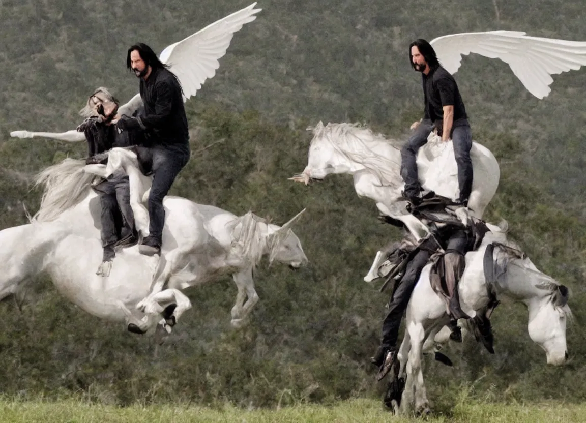 Image similar to keanu reeves riding a flying unicorn