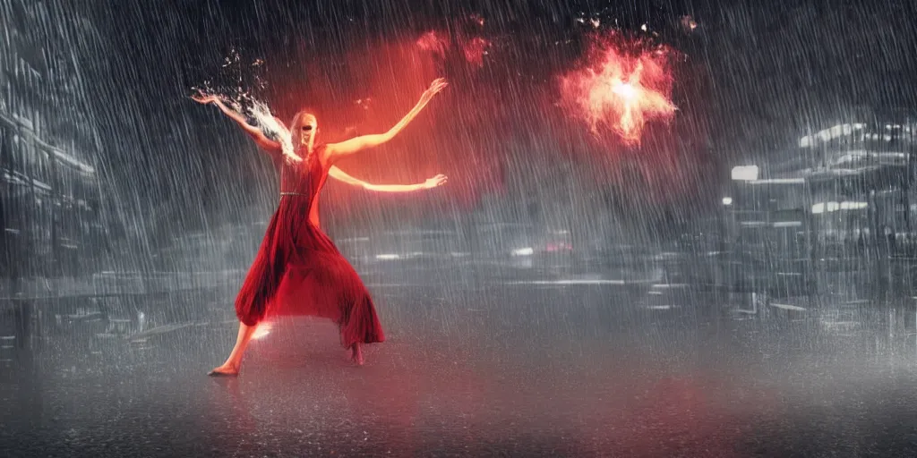 Prompt: slow motion with trail effect of futuristic break dancer wearing floating long dress and emitting fire, long exposure shot , at night in the middle of a rainy street, paddle of water, steam, fog, water splashes, rim lights, glossy reflections, water droplets on lens, octane render, dark and dramatic, explosion in the background, detailed and soft, fisheye