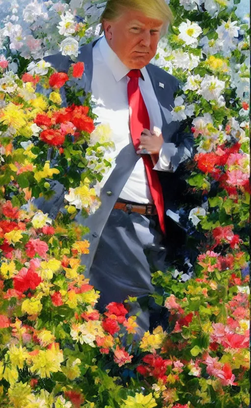 Prompt: romantic photorealistic portrait painting of donald trump surrounded by beautiful flowers, by gregory manchess, james gurney, james jean