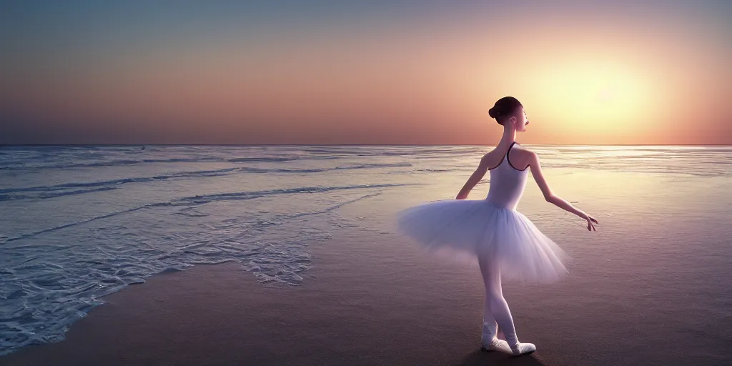 Image similar to a beautiful ballet dancer on a beach at sunrise, cinematic angle, studio Ghibli, volumetric lighting, breathtaking, beautiful composition, intricate, elegant, digital art, detailed, oil painting, hyperrealistic, sharp focus, 8k