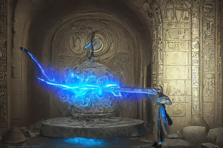 Image similar to old twisted staff weapon with a blue crystal at it's tip, fantasy movie scene greg rutkowski digital painting of an ornate and royal egyptian antechamber tomb, unreal engine, hyper realism, realistic shading, cinematic composition, blender render, octane render, hdr, detailed textures, photorealistic, ultrawide shot, 3 5 mm film