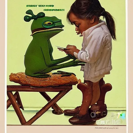 Image similar to pepe the frog writing a letter by norman rockwell