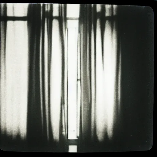 Prompt: a detailed photograph of a house with curtains in the windows, a replicant is peeking through the curtains, polaroid