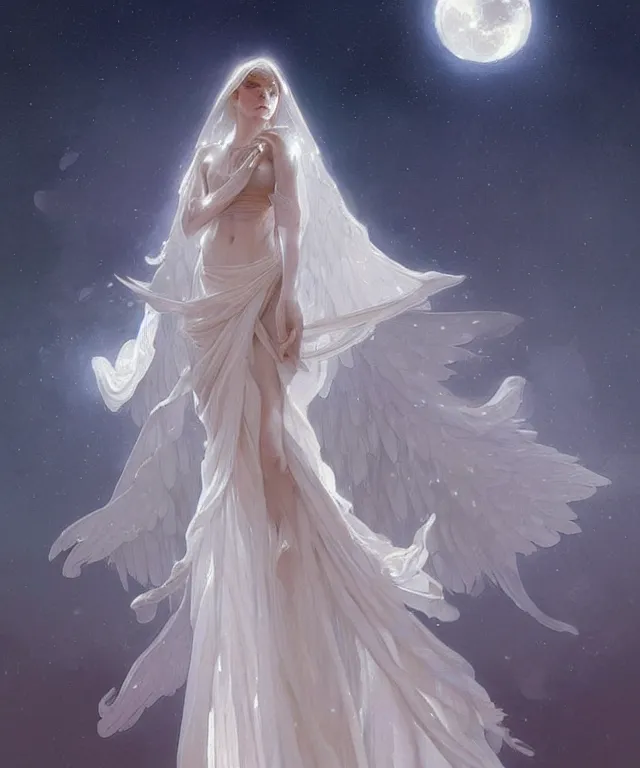 Prompt: Angels in white gauze dresses, the glow of the moonlight, fantasy, intricate, elegant, highly detailed, digital painting, artstation, concept art, matte, sharp focus, illustration, art by Artgerm and Greg Rutkowski and Alphonse Mucha, trending on instagram