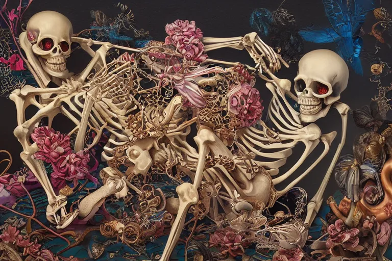 Prompt: skeleton romance by james jean and salvador dali and shusei nagaoka, oil on canvas, exquisitely intricate details, surrealism, neoclassicism, renaissance, hyper realistic, ultra detailed, cell shaded, 8 k