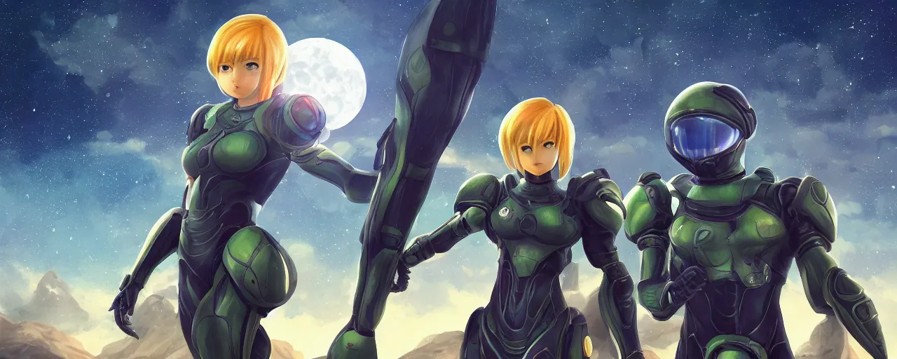 Prompt: Samus in the varia suit standing in the middle of a desolate planet, full body shot, wearing her helmet, looking into the horizon, the planet is full of otherworldly natural structures, a moon floats above the horizon, artstation, digital 2d drawing, high detail