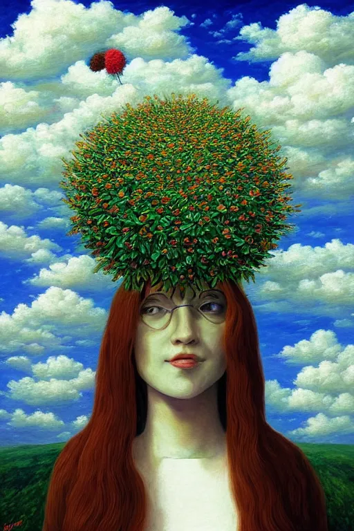 Image similar to closeup, giant flower head, woman in suit, clouds in sky, surreal, impressionist painting, digital painting, artstation, rob gonsalves