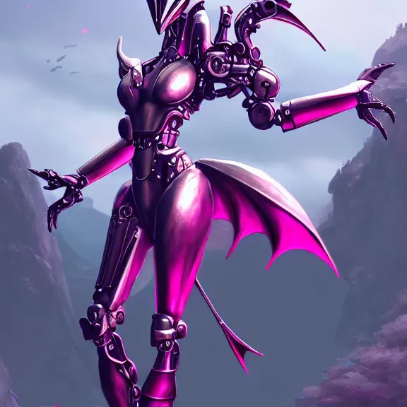 Image similar to extremely detailed giantess shot of a goddess that's a giant beautiful stunning anthropomorphic robot female dragon, standing majestically on a mountain, elegant pose, robot dragon claws, streamlined shiny silver metal armor, fuchsia skin, detailed sharp metal claws, long elegant tail, detailed warframe fanart, destiny fanart, high quality digital art, giantess art, furry art, warframe art, furaffinity, DeviantArt, artstation, 8k HD, octane render