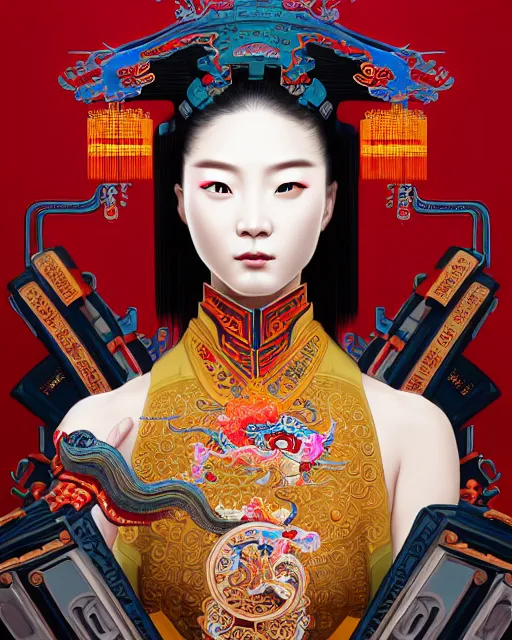 Image similar to portrait of a chinese cyberpunk machine, machine face, arms, upper half portrait, decorated with chinese opera motifs, regal, asian, fine china, wuxia, traditional chinese art intricate intense elegant 京 剧 highly detailed digital painting artstation concept art smooth sharp focus illustration, art by artgerm and greg rutkowski alphonse mucha 8 k