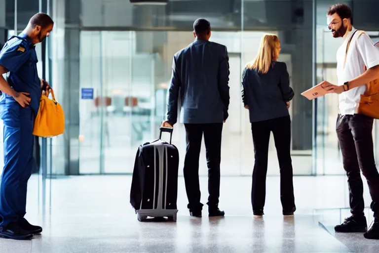 Image similar to tall, broad shouldered, security guard checks the bags of a worried looking couple, man and woman