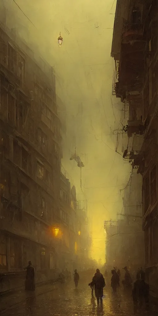 Image similar to a street of a city in 1 9 4 0 with yellow light on from the windows during the night, a men stand up under a light, mystical red fog, oil on canvas, art by andreas achenbach, clemens ascher, tom bagshaw and sabbas apterus,