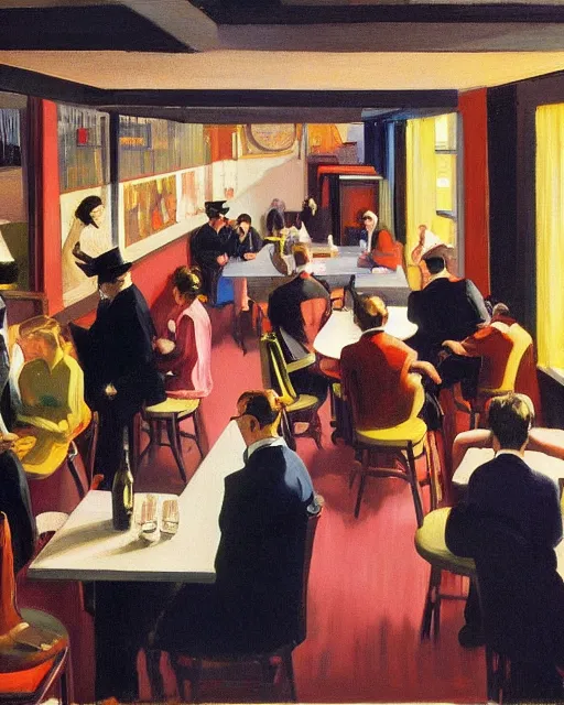 Prompt: crowd of people in a bar in the style of Francis Bacon and Edward Hopper. Strange interior living room with lots of people, surreal. Art by Syd Mead and Frank Lloyd Wright