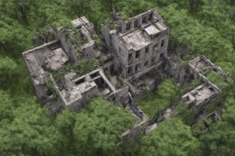 Image similar to aerial photograph of a ruined, abandoned polish mansion, overgrown by plants. Dirt, leaves on ground. Octane render. Substance painter. Zbrush. Trending on artstation. 8K. Highly detailed.