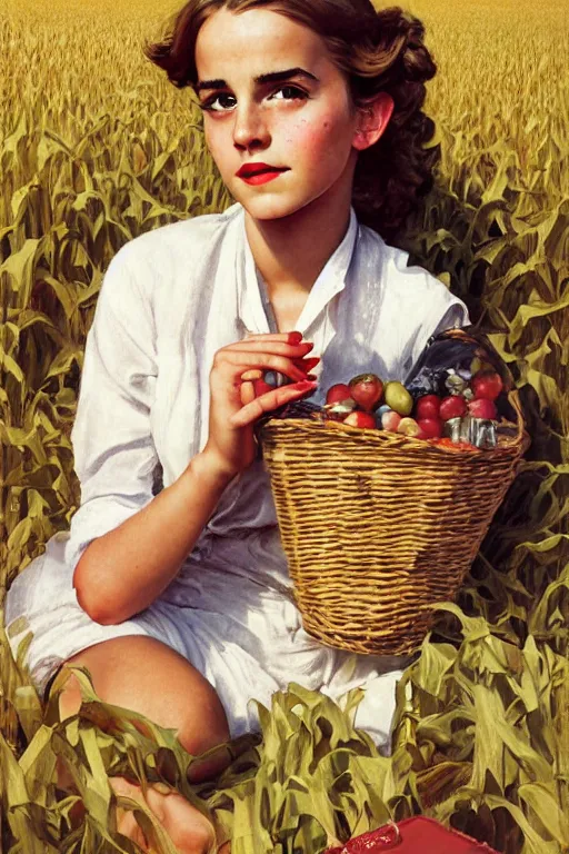 Image similar to photo photorealistic portrait photograph Emma Watson picnic in a corn field 1950s portrait by Norman Rockwell