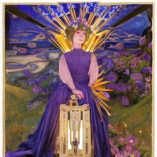 Prompt: queen of the dawn with her lantern and regalia, by Annie Swynnerton!! and Nicholas Roerich! and ((((((Diego Rivera)))))), embroidered robes, floral tattoos, bioluminescent skin!, elaborate costume, geometric ornament, symbolist, soft colors, dramatic lighting, smooth, sharp focus, extremely detailed