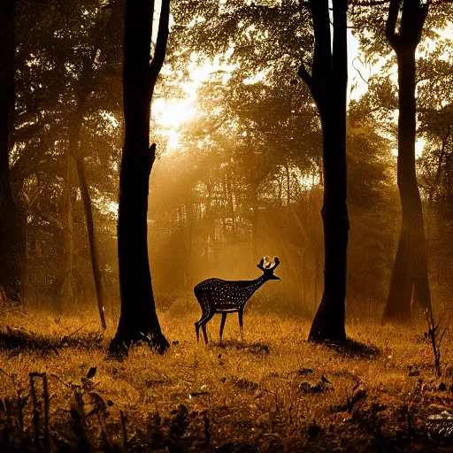 Prompt: a beautiful spotted deer in the woods lit by the morning sky, sunrise, chital, photorealistic, by annie leibovitz and steve mccurry, natural light, canon eos c 3 0 0, ƒ 1. 8, 3 5 mm, 8 k, medium - format print