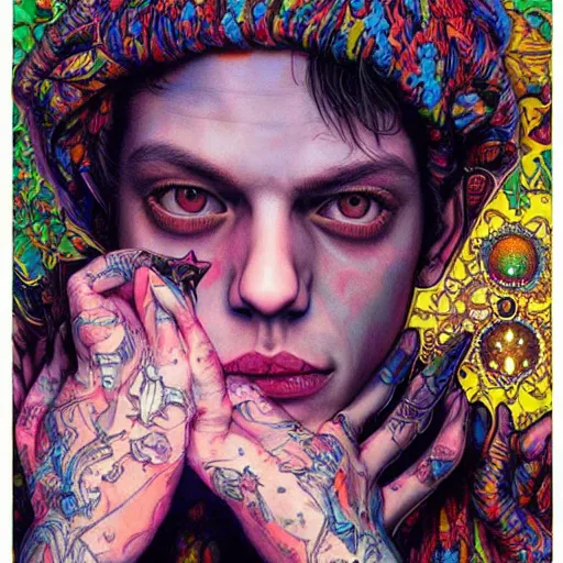 Image similar to portrait of pete davidson, hyper detailed masterpiece, neon floral pattern, jean giraud, digital art painting, darkwave goth aesthetic, psychedelic, artgerm, donato giancola and tom bagshaw