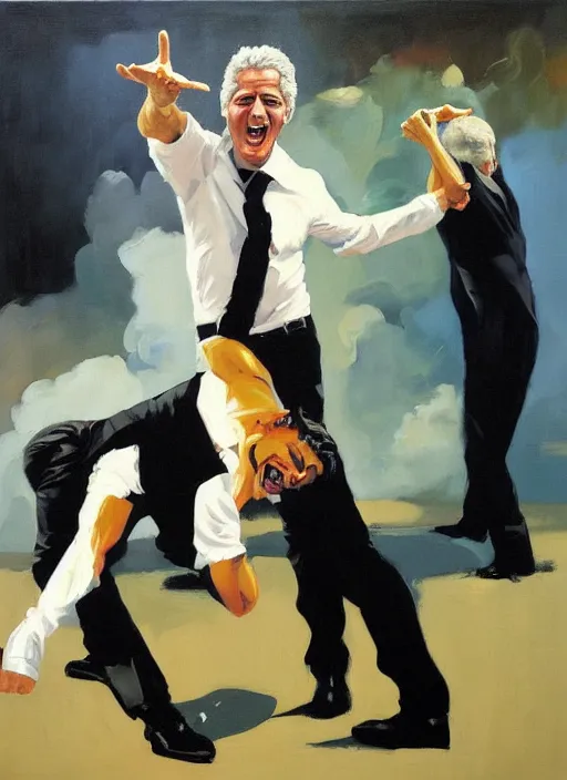 Image similar to 'jeffrey epstein and bill clinton drunk, laughing, flailing, squeezing, gripping, painting by phil hale, 'action lines'!!!, graphic style, visible brushstrokes, motion blur, blurry