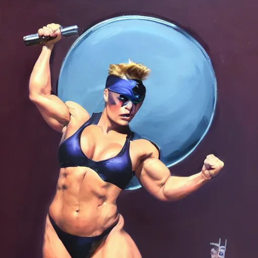 Prompt: greg manchess portrait of margot robbie as thick female bodybuilder zarya from overwatch in disco elysium, 6 7 4, epic grimdark, fantasy, medium shot, asymmetrical, profile picture, organic painting, sunny day, matte painting, bold shapes, hard edges, street art, trending on artstation, by huang guangjian and gil elvgren and sachin teng