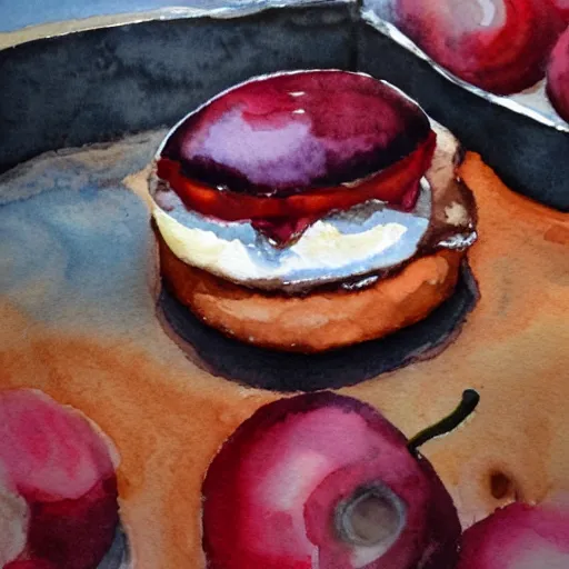 Prompt: water color of a cherry chocolate hamburger