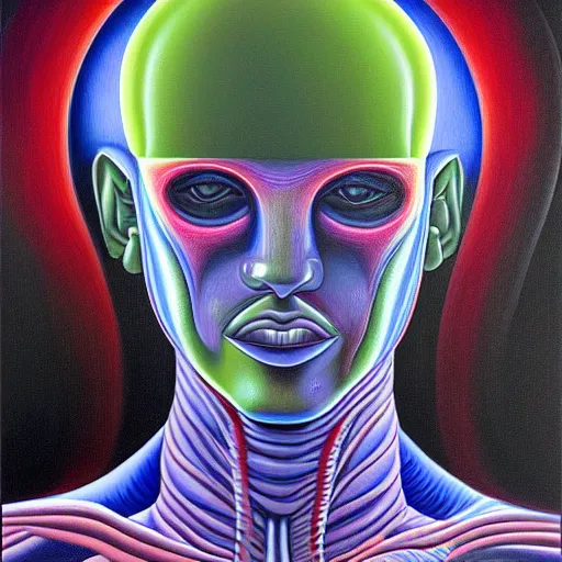 Image similar to enlightened biomechanical a. i, oil painting by alex grey