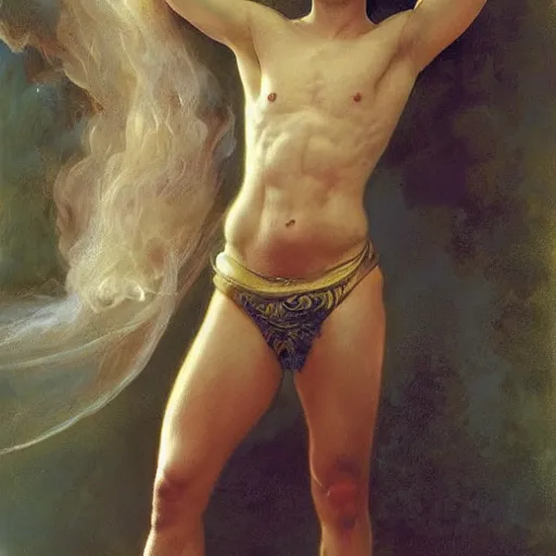 Image similar to epic masterpiece full body portrait a beautiful fire dancer with a beautiful face and flawless skin, white thighs, soft belly, perfectly formed body in motion, raining ashes, by Edgar Maxence and Ross Tran and Michael Whelan