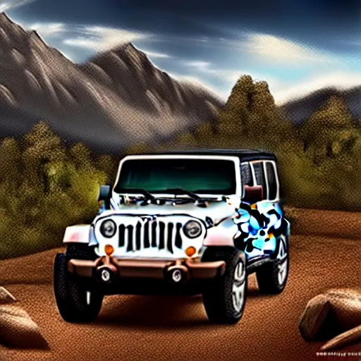 Image similar to Jeep, Off-roading, Mountain landscape, dirt, road, cinematic color, photorealistic, highly detailed wheels, highly detailed